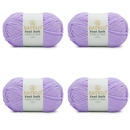 BATELO Thin Chenille Yarn for Crocheting & Knitting, Soft Plush Yarn for DIY Crafts, Amigurumi, Home Decor - 3 Light - 4 Pack of 1.7oz/142yds - Light Purple