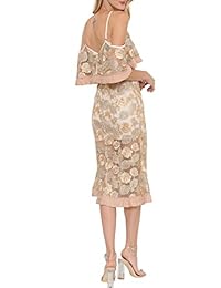 geegeebae L 'atiste Mujer Sheer frío hombro vestido de Midi con metálico bordado floral