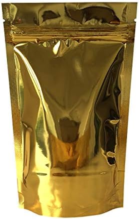 Rightpak Stand Up Pouches 50 Pieces 8cm x 13cm, Gold Shiny Heat Sealable Tear Notches Smell Proof for Food Storage With Ziplock