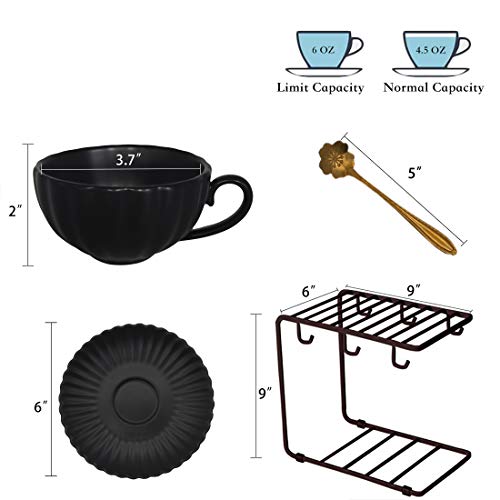 BonNoces Porcelain Tea Cup and Saucers Set, 6 Oz Elegant Matte Petal Shaped Tea Coffee Cup Set, with Flower Spoons and Metal Display Stand, Set of 6 (Black)