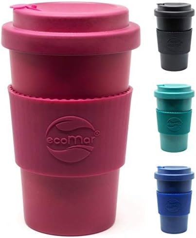ecoMar Reusable, Biodegradable Bamboo Coffee Cup with Screw-on lid - 14oz / 400ml - 10% Profits for Charity - Available in 4 Colours - (Berry)
