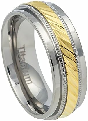 Mens Titanium Wedding Band 7.5mm Unique Yellow IP Center Milgrain Side Design Ring Size 7.5