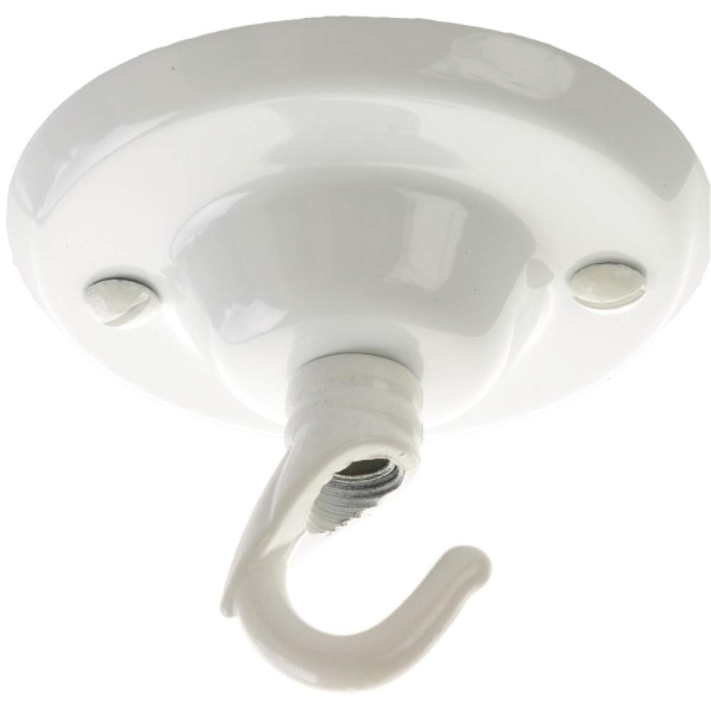 Art Deco Emporium 75mm Vintage Style Ceiling Rose with Art Deco Style Hook in Gloss White Finish and Hand Finished White Fixing Screws