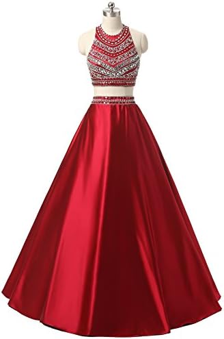 Himoda Women's Two Pieces Beaded Evening Gowns Satin Sequined Prom Dresses Long H052 10 Dark Red