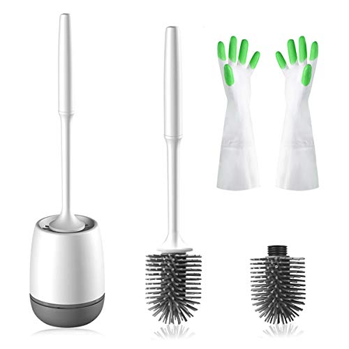 Sysmie Toilet Brush and Holder with a Replacement Head, Silicone Bristles Bathroom Toilet Bowl Brush and Caddy Kit with Bonus Cleaning Gloves - (White, Flooring/Wall Mountable) - Thumbnail 7