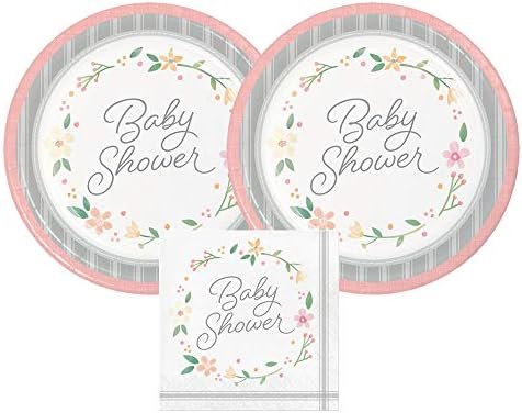 Sweet Floral Baby Shower Plates and Napkins, 16 Servings, Bundle- 3 Items