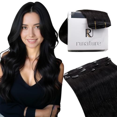 RUNATURE Black Clip in Hair Extensions Real Human Hair Black Hair Extensions Clip in Hair Invisible Clip Hair 10 Inch 50 Gram 3Pieces #1B