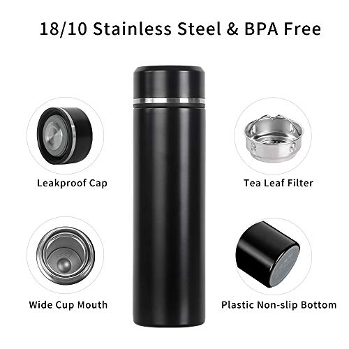 17oz Stainless Steel Vacuum Insulated Flask with Tea Leaf Strainer Filter Double Wall Coffee cup Travel Tumbler(Glossy Black) - Thumbnail 3