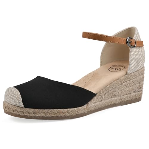 White Mountain Women's Maintain Espadrille Wedge Sandal, Black Fabric, 12 M