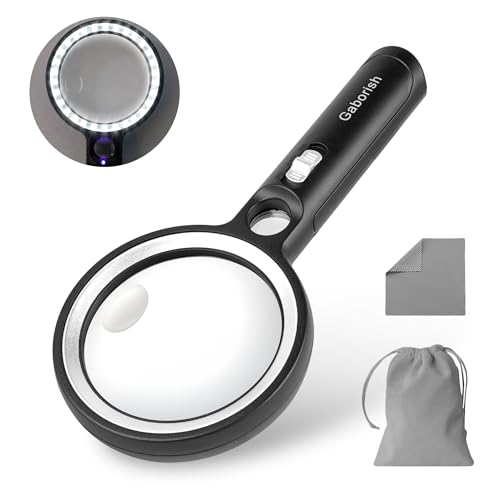 GABORISH Magnifying Glass with Light, 10X 20X 45X Handheld Magnifying Glass with 30 LED and 1 UV, Magnifying Glass for Reading, Inspection, Coins, Jewellery, Exploring, Reading Magnifying Glass for Seniors Large (Silver)