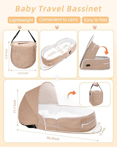 Baby Travel Cot with Mosquito Net and Awning, Foldable Baby Tent, Washable Crib Bionic Travel Bed Breathable Cradle Cot, Portable Baby Cot, Foldable Baby Cot with Mosquito Net (Brown)