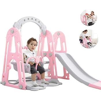 Mefedcy Toddler Climber and Slide Swing Set,3 in 1 Climber Slide Playset w/Basketball Hoop,Easy Climb Stairs, Small Kids Multifunctional Toys for Both Indoors & Backyard (Pink)