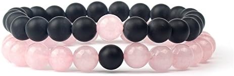 Friendship Couples Unisex 8mm Natural Stone Beaded Bracelets Mala Bead Gemstone Bracelet, Pack of 2, Rose Quartz and Black Onyx