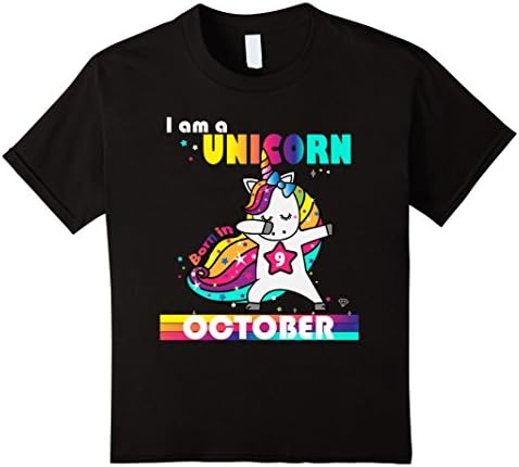 Kids Birthday Girl 9 Shirt Sparkle Star Unicorn Born In October 8 Black