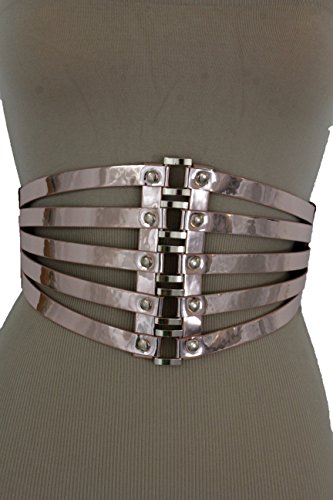 TFJ Women Fashion Wide Corset Belt High Waist Rose Gold Faux Leather Stretch Waistband S M
