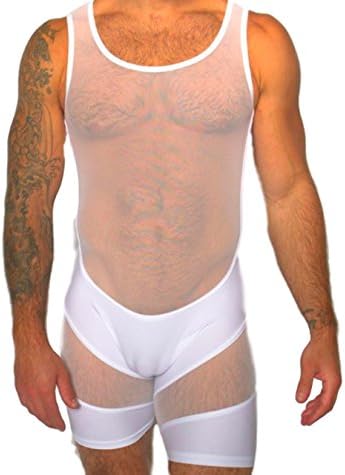 Moon Market Men's Slim Stretch Sheer Mesh Lingerie Bodysuit Jumpsuits Bodywear Underwear (L, White)
