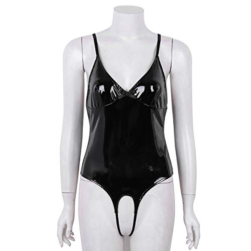 Agoky Damen sexy Ouvert Body Lack Leder Bodysuit mit Neckholder Top Stringbody transparente Netz BH Rückenfrei offener… – Bild 5