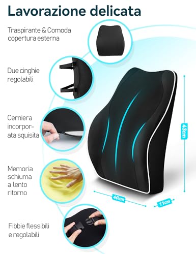 Travel Ease Ergonomic Lumbar Cushion, Memory Foam Back Support for Car Seat Office Chair, Anti-Static Backrest and Double Adjustable Straps, Black