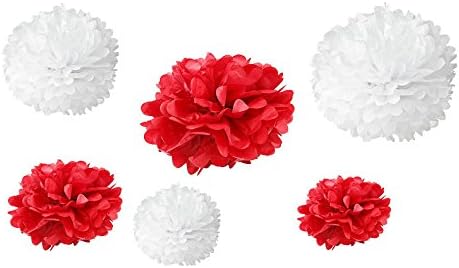 Somnr® Set of 12pcs Mixed 3 Sizes White Red Tissue Paper Pom Poms Flower Wedding Party Baby Girl Room Nursery Decoration