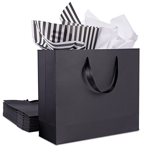 12 Pack Black Gift Bags with Ribbon Handles, Large Gift Bags with Tissue  Paper, Black Kraft Paper Gift Bags for Shopping, Small Business, Bridal