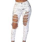 VICVIK Women White Knee Skinny Denim Distressed Ripped Jeans (XL)