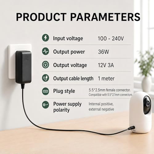 Adaptador de Corriente 12V 3A 36W Fuente de Alimentación AC DC, Cargador Universal con Conector 5.5x2.1 mm y 8 Enchufes DC, para Cámaras CCTV, Tiras LED, Router WiFi, Monitor LCD, TV Box y Altavoces