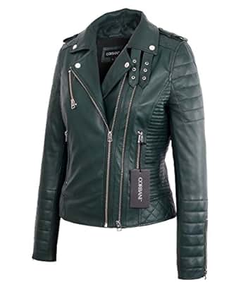 Womens Biker Green Lambskin Real Leather Jacket at Amazon