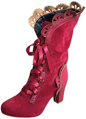 Qiran Ladies Boot Women Large Size Cross-Strap Large Size Boot Lace-Up Mid-Boot Shoes Casual Retro Wellingtons Fashion High-Heel Boat Shoes Casual Long Booties Vintage Ballet Boot