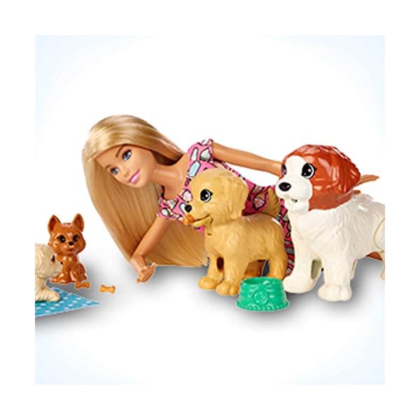 Barbie-Doggy-Daycare-Doll-Pets-Amazon-Exclusive Barbie FXH08 Doggy Daycare Doll, Blonde, and Pets Playset with 4 Dogs, Including One Puppy that Poops and One that Pees…