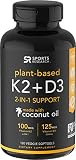 Vitamin K2 + D3 with Organic Coconut Oil for Better Absorption | 2-in-1 Support for Your Heart, Bones & Teeth | Vegan Certified, GMO & Gluten Free (120 Veggie Softgels)