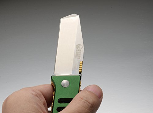 KUBEY EDC Multitool Pocket Folding Knife with Clip,Stainless Steel Tanto Blade,Anodized Aluminum Handle Glass Breaker Opener,3-4/5-Inch Closed (Green Golden)