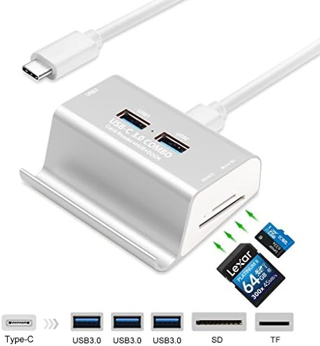 USB 3.0 Card Reader + 3-Port USB 3.0 Hub + Phone Holder, LUCKYDIY Super Speed Multi-in-1 Aluminum USB-C 3.0 COMBO, SD/TF/MicroSD Card Reader HUB for Macbook/Laptop/Tablets/More Type-C Devices