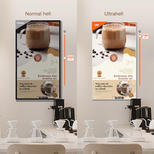 Digital Signage Display 23.6 Inch Wall-Mounted Advertising Screen, 2K FHD Digital Menu Board, 700 Nits Ultra High Brightness Advertising Display Digital Ideal for Business & Restaurant, HDMI/WLAN, Black