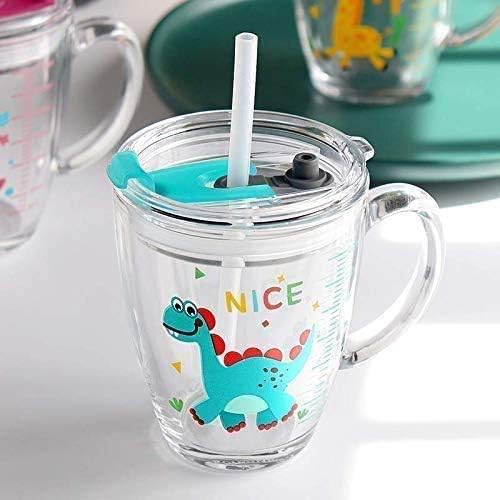 Glass Milk Cup with Measuring Kids Microwave Leak-proof Sippy Cup 300ml Transparent Drinking Glasses Jars Bottles Scale Measure Cups Cartoon Printing Water Cups with Lid Straw Handle for Milk Juice - Image 5