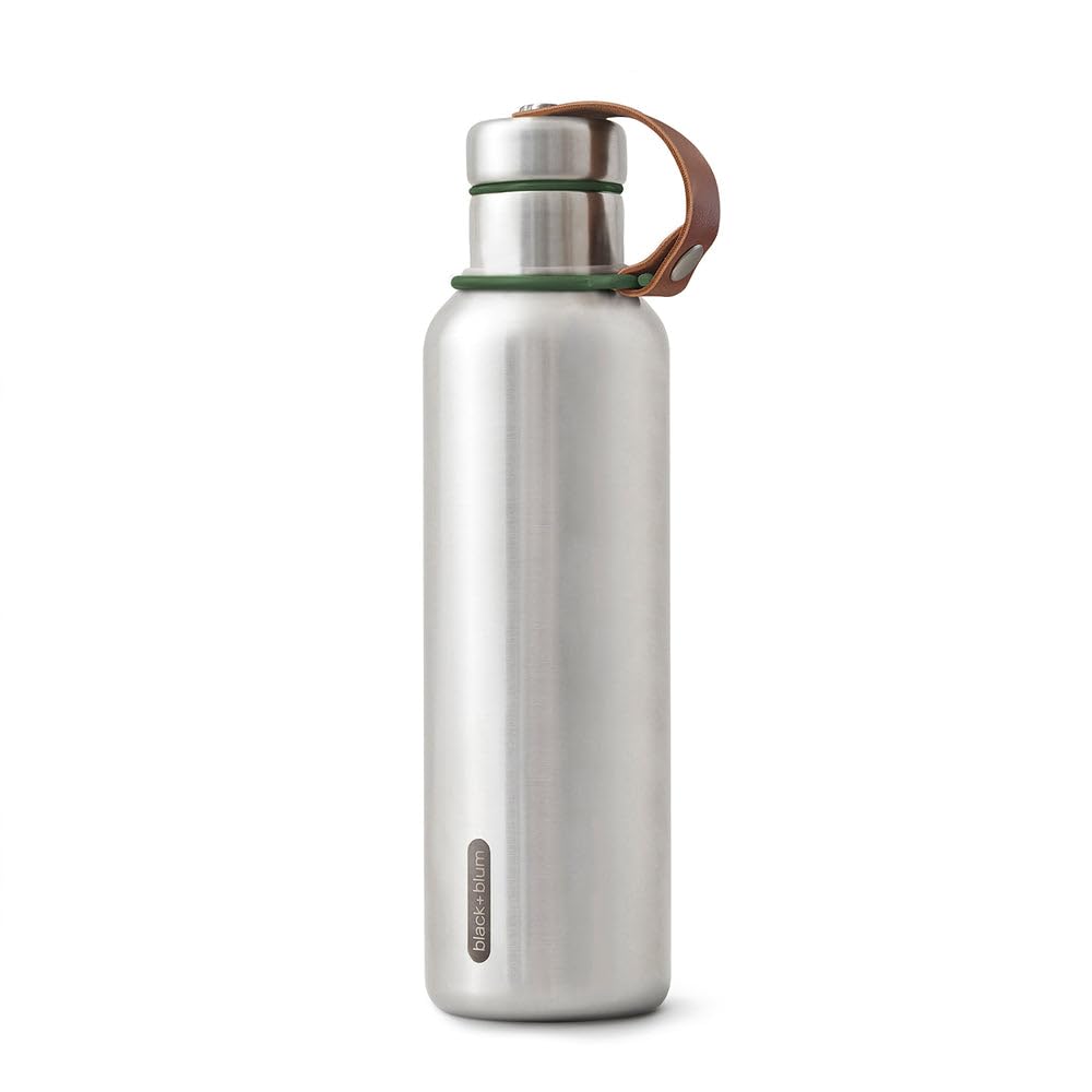 BLACK+BLUM - Water Bottle - Stainless Steel Thermal Insulated Leak Proof Travel Thermo Flask with Wide Spout and Stylish Vegan Leather Carry Loop - Keeps Hot for 12 hrs, Cold for 24 hrs, Olive - 750ml