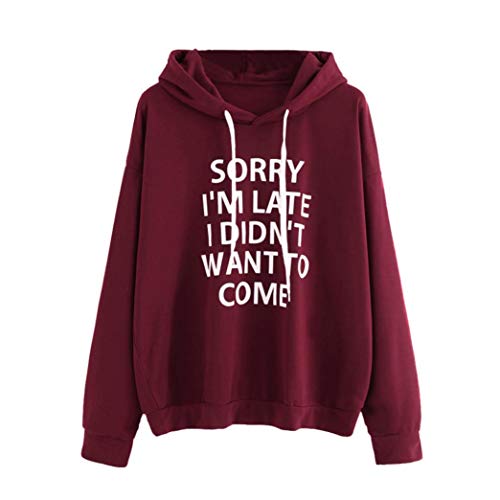 ManxiVoo Clearance Women's Letter Print Pullover Jumper Drawstring Sweatshirt Hooded Hoodie Top (XL, Wine)