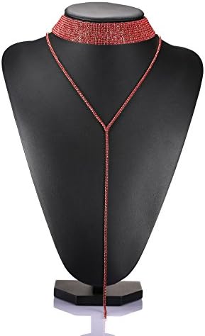 Yeshion Fashion Rhinestone Long Body Chain Chokers Crystal Statement Necklace For Women (Red)