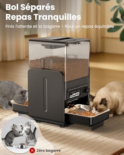 Distributeur automatique de nourriture pour chat pour 2 chats, 5L/20 tasses Distributeur automatique de nourriture pour chat avec bols réglables, panneau de commande amovible, programmation