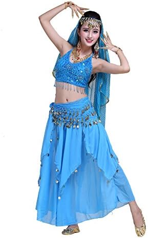 Maylong Women’s Adjustable Halter Top Layered Belly Dancing Coin Skirt Halloween Indian Costume (2 Pieces, Sky Blue)