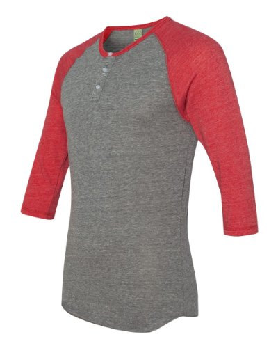 Mens Eco-Jersey 3/4-Sleeve Raglan Henley - ECO GRY/ECO TR RED - XL