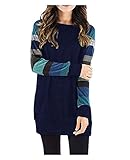 OUGES Women's Long Sleeve Round Neck Patchwork Casual Shirt Tops(Navy,S)