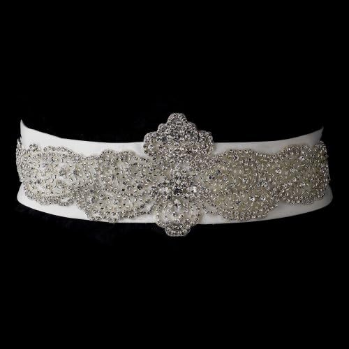 Rhinestone & Glass Bead Sheer Organza Floral Wedding Bridal Sash Belt - Ivory
