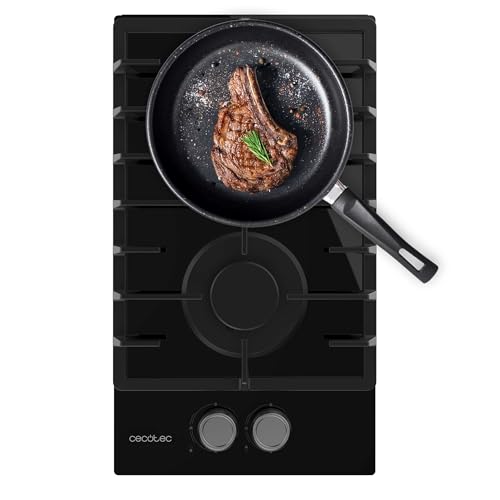 Placa de Gas 2 Fuegos Bolero Squad GN 2200F Glass Black. Preparada para Gas Natural, Cristal Negro, Parrillas Individuales de Hierro Fundido, Quemador Wok, Seguridad Válvulas