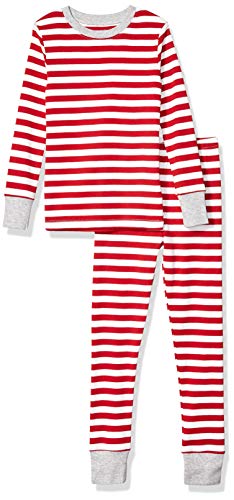 Amazon Essentials Kids Long-Sleeve Tight-Fit 2-Piece Pajama Set, Red Even Stripe, Small