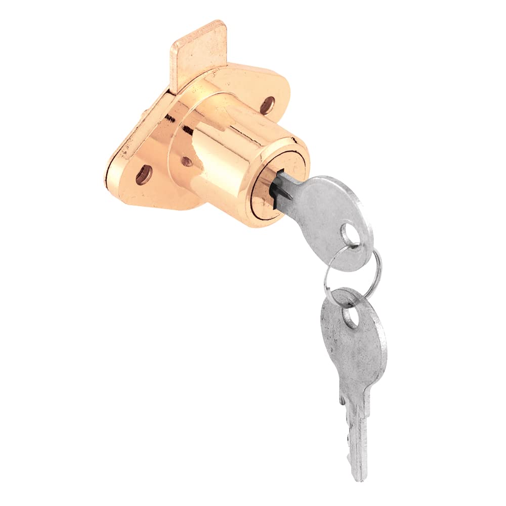 Photo 1 of Prime-Line U 9947KA Diecast Drawer and Cabinet Lock, Fits 7/8 Inch Max Panel Thickness, Brass Plated, Set of 1
