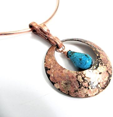Turquoise Teardrop in Hammered Brass Disc Necklace--Torch Colored