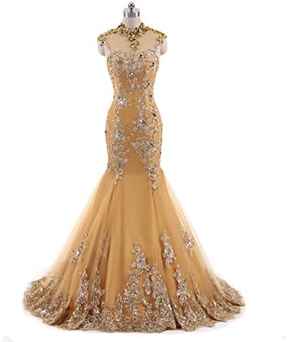 XIA Long Gold Mermaid High Neck Bead Sheer Back Evening Dresses Prom Dress Pageant Formal Gowns