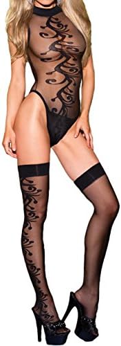 LittleLittleSky Womens Sexy Jacquard Swirl Turtleneck Teddy Bodysuit Lingerie with Stocking