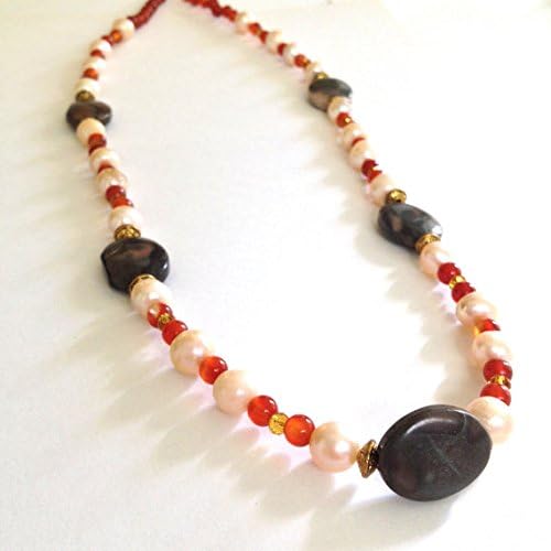 Pearl and Red Agate Gemstone Necklace 24" Length
