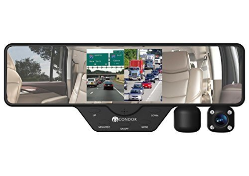 CondorÂ® Dual X Full HD 1080p Dash cam and DVR, 2 swivel cameras on rearview mirror. Split screen display, 16gb card and storage case included. 12 FT long cable for easy hide away.
